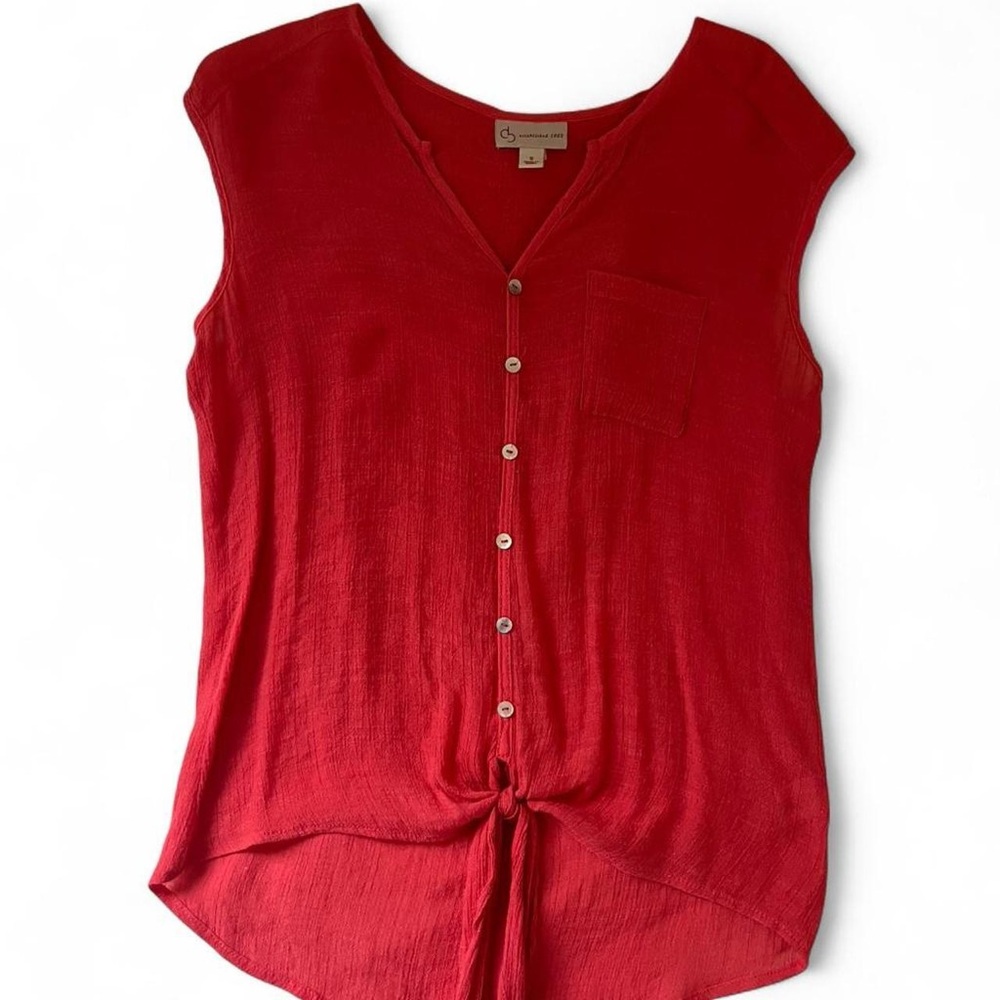 Pink-Red Button-Down Women Top with Tie
